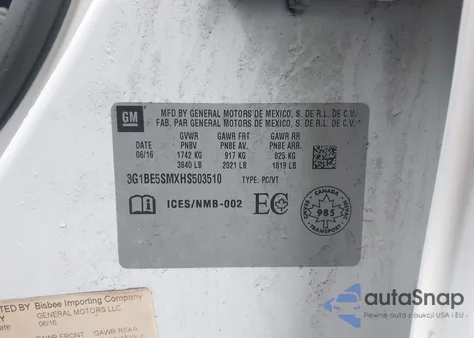 2017 Chevrolet Cruze Lt Auto из США, поврежденный, VIN 3G1BE5SMXHS503510